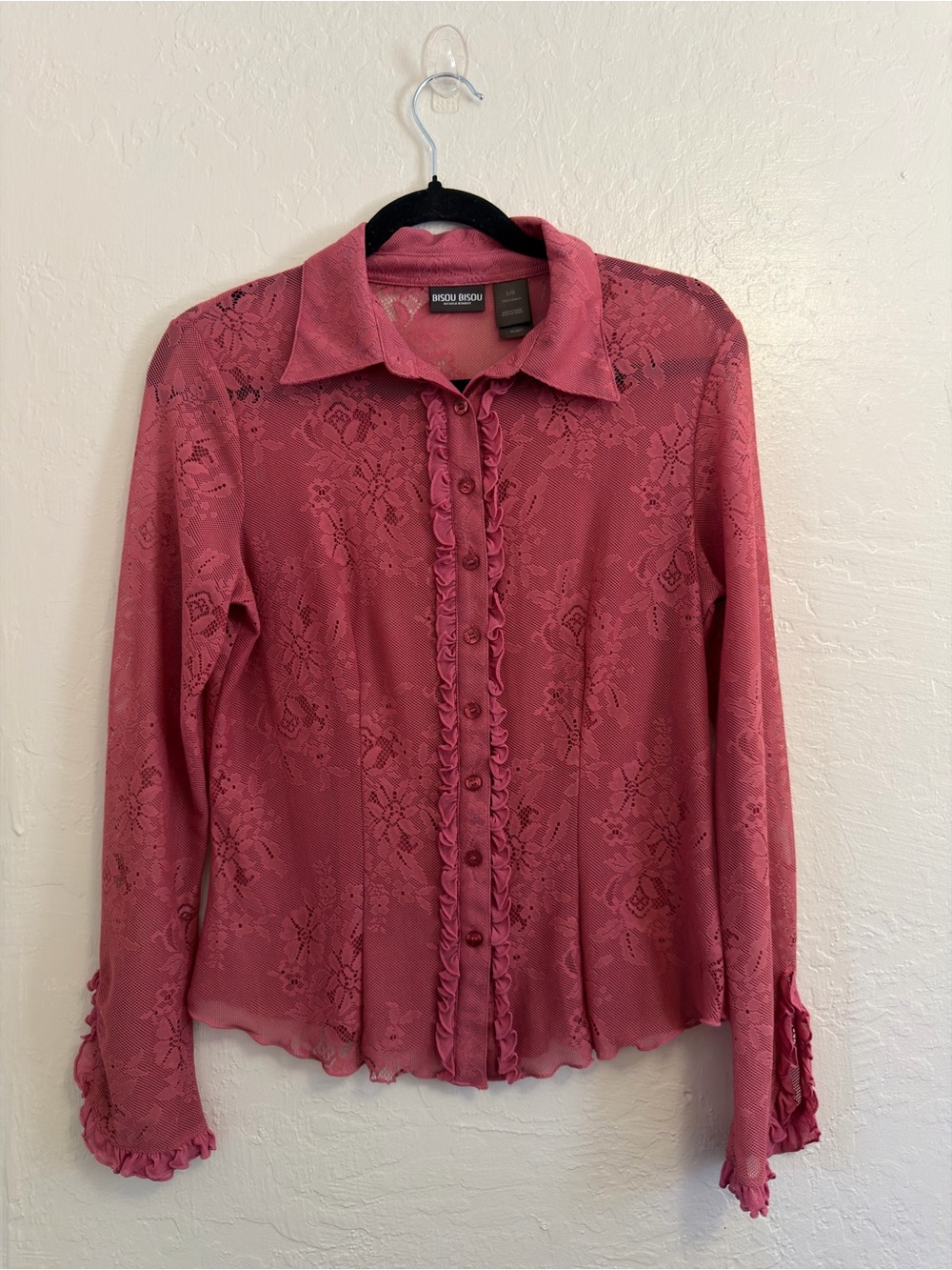 Bisou Bisou Pink Lace Ruffle-Trim Button Front Blouse